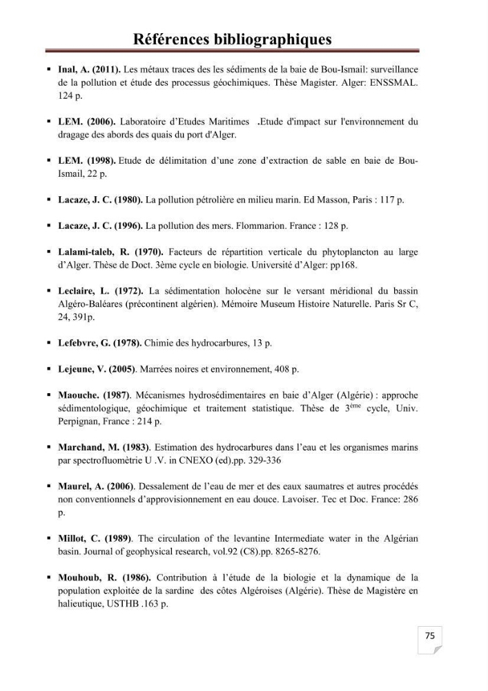 Etat de la pollution par les hydrocarbures aromatiques polycycliques dans les eaux de la baie de Bou-Ismail