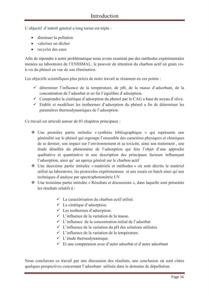 élimination des composées phénolique par le charbon actif à base de noyaux d\'olives