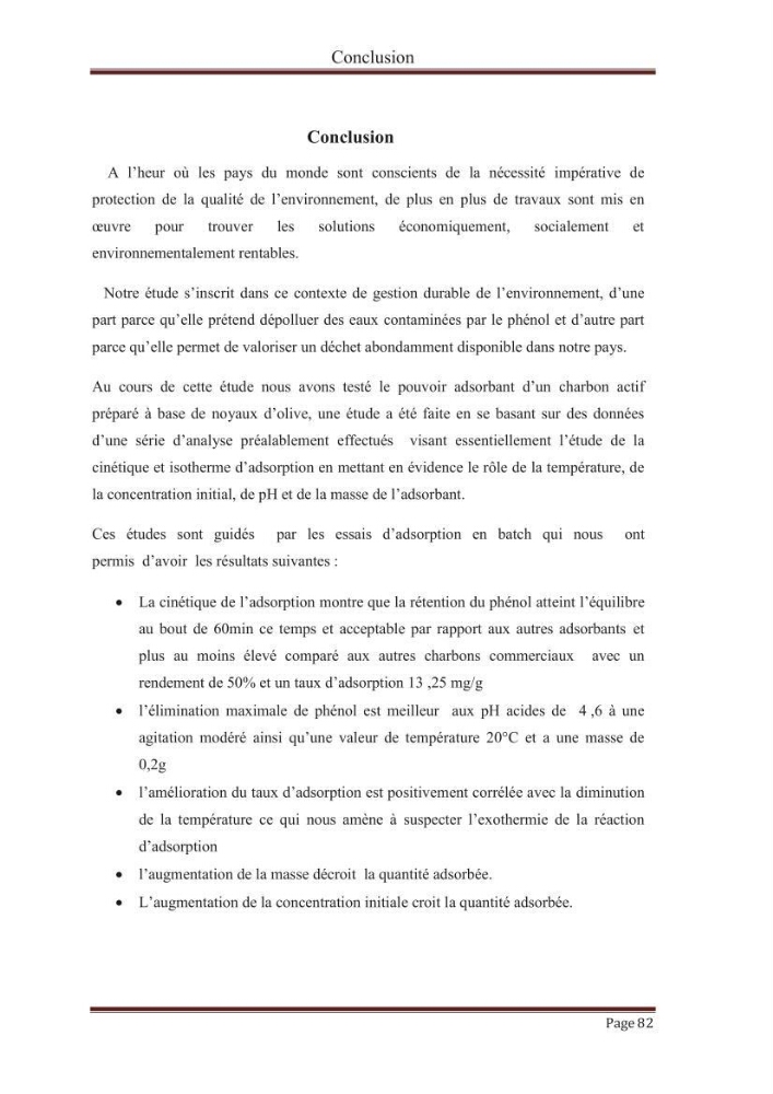 élimination des composées phénolique par le charbon actif à base de noyaux d\'olives