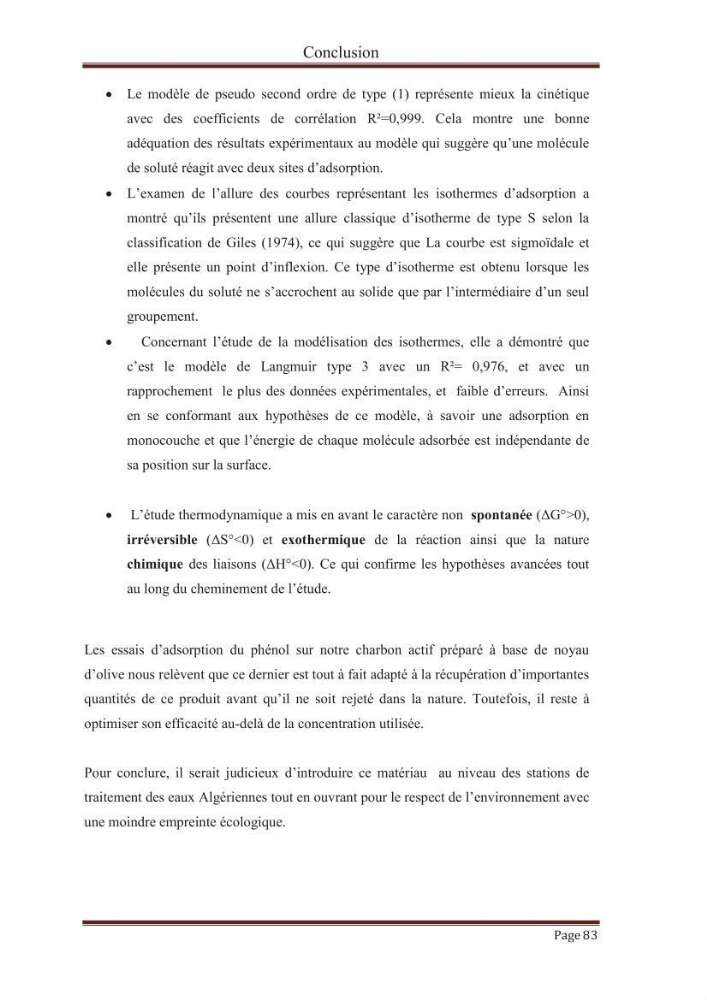 élimination des composées phénolique par le charbon actif à base de noyaux d\'olives