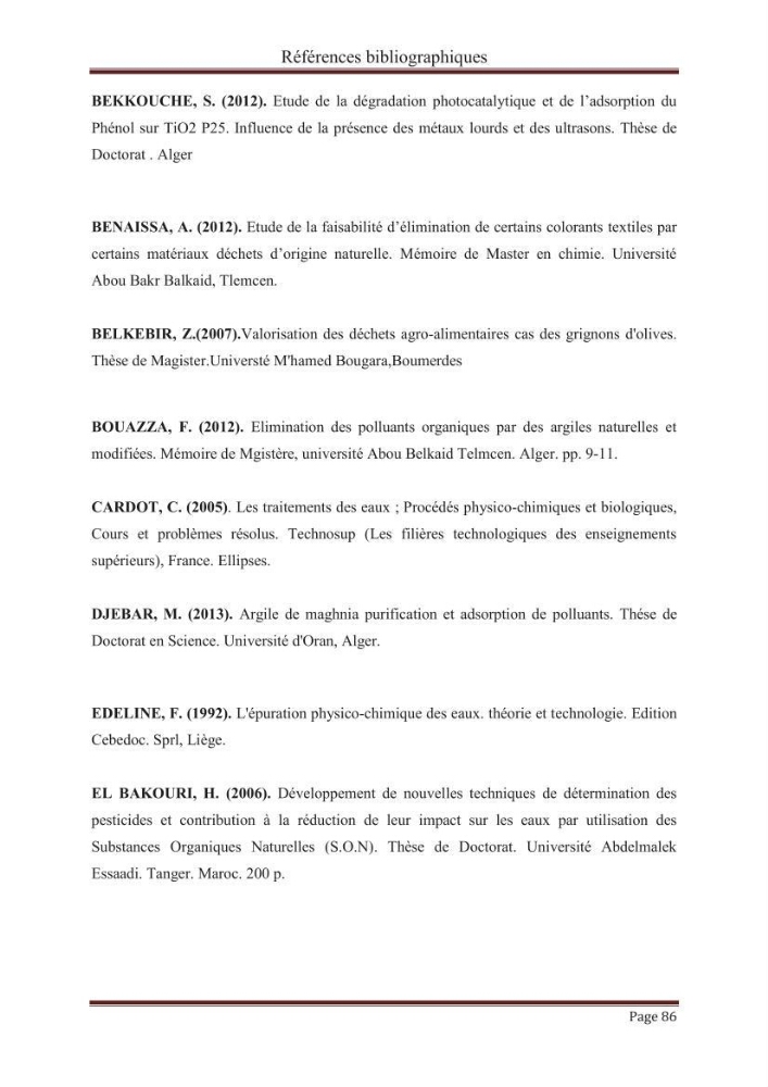 élimination des composées phénolique par le charbon actif à base de noyaux d\'olives