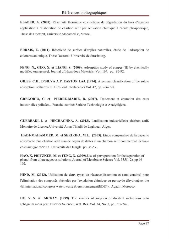 élimination des composées phénolique par le charbon actif à base de noyaux d\'olives