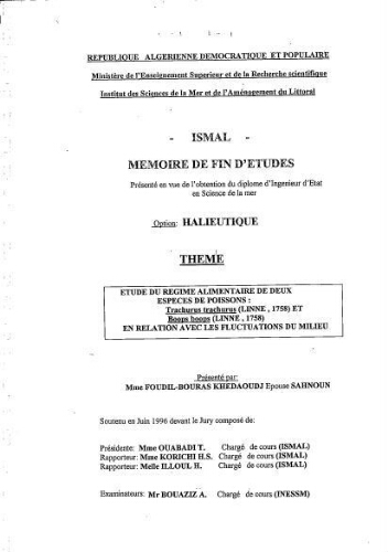 Etude du régime alimentaire de deux espèces de poissons: trachurus trachurus (Linné, 1758) et Boops boops (Linné, 1758) en relation avec les fluctuations du milieu Etude du régime alimentaire de deux espèces de poissons: trachurus trachurus (Linné, 1758) et Boops boops (Linné, 1758) en relation avec les fluctuations du milieu