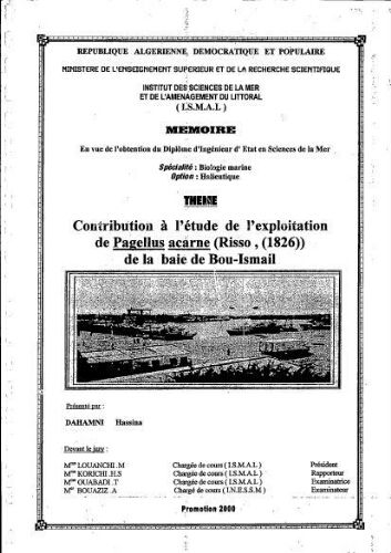 Contribution à l'étude de l'exploitation de Pagellus acarne (Risso, 1826) de la baie de Bou-Ismaïl Contribution à l'étude de l'exploitation de Pagellus acarne (Risso, 1826) de la baie de Bou-Ismaïl