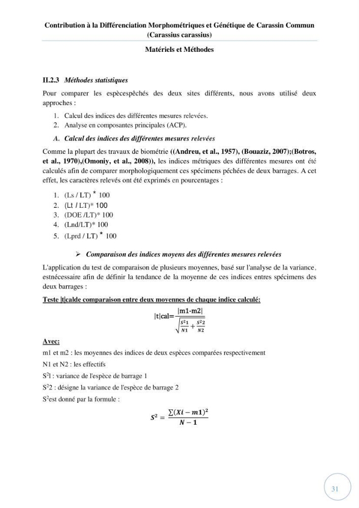 Contribution à la différenciation morphométrique et génétique des carassins communs (Carassius carassius):