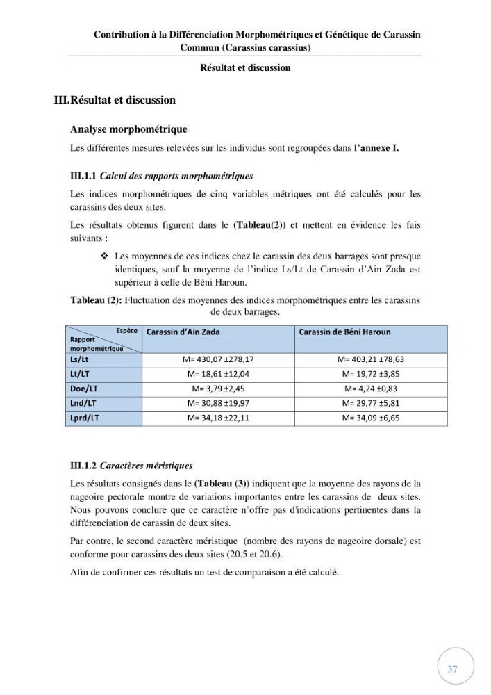 Contribution à la différenciation morphométrique et génétique des carassins communs (Carassius carassius):