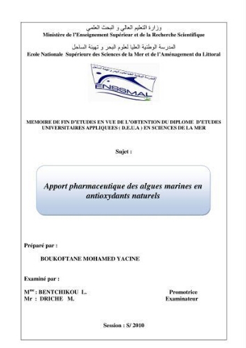 Apport pharmaceutique des algues marines en antioxydants naturels Apport pharmaceutique des algues marines en antioxydants naturels