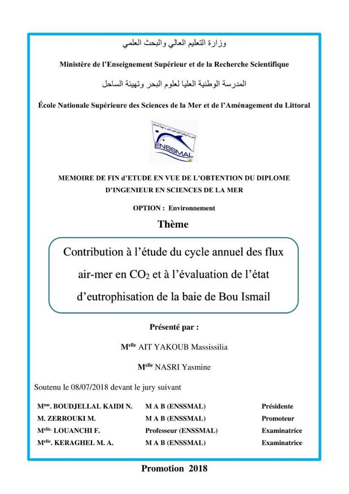 Contribution à l’étude du cycle annuel des flux air-mer en CO2 et à l’évaluation de l’état d’eutrophisation de la baie de Bou Ismail:
