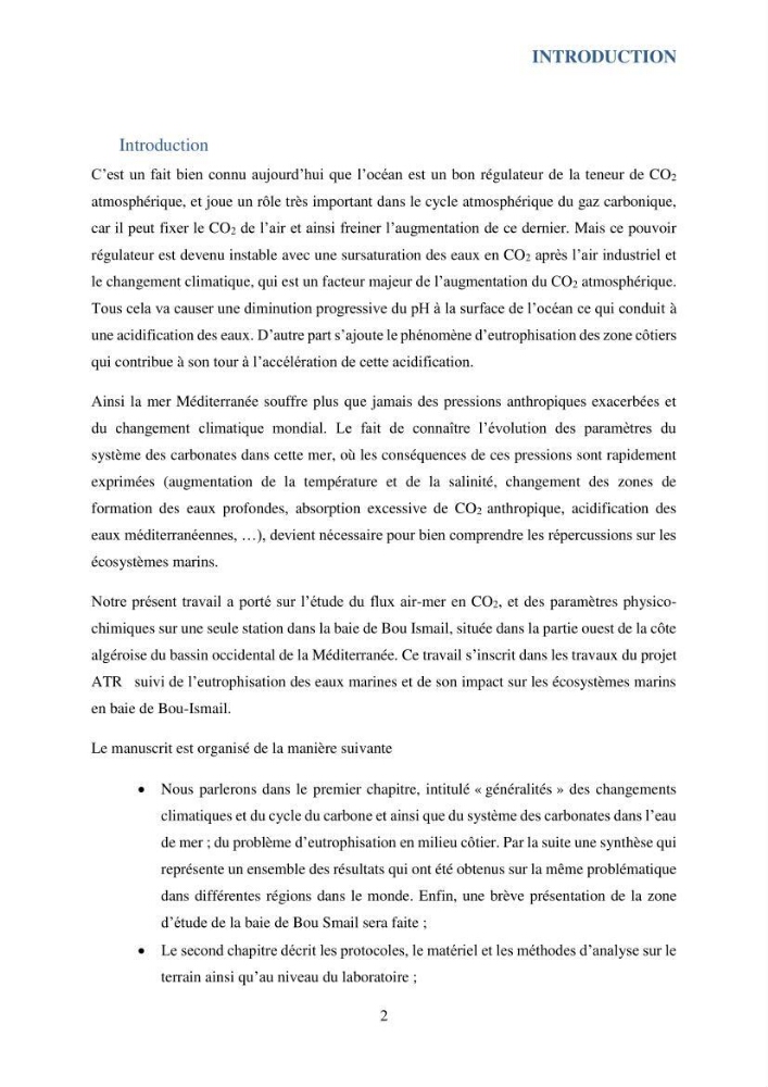 Contribution à l’étude du cycle annuel des flux air-mer en CO2 et à l’évaluation de l’état d’eutrophisation de la baie de Bou Ismail: