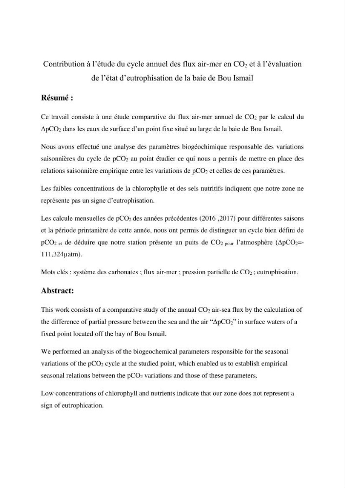 Contribution à l’étude du cycle annuel des flux air-mer en CO2 et à l’évaluation de l’état d’eutrophisation de la baie de Bou Ismail: