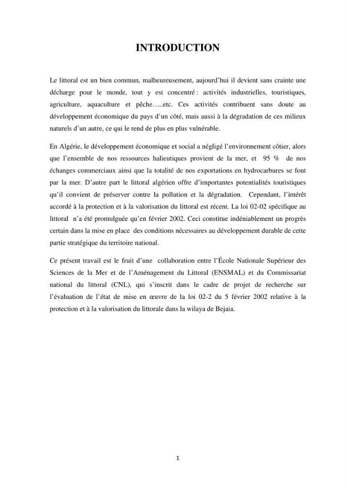 Evaluation de l\'état de mise en oeuvre de la loi 02-02 du 5 février 2002 relative à la protection et à la valorisation littorale dans la wilaya de Bejaia