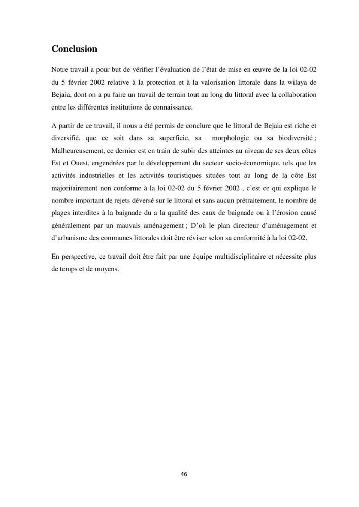 Evaluation de l\'état de mise en oeuvre de la loi 02-02 du 5 février 2002 relative à la protection et à la valorisation littorale dans la wilaya de Bejaia