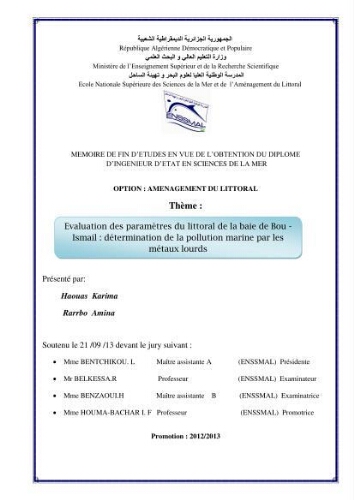 Evaluation des paramètres du littoral de la baie de Bou-Ismail: détermination de la pollution marine par les métaux lourds Evaluation des paramètres du littoral de la baie de Bou-Ismail: détermination de la pollution marine par les métaux lourds