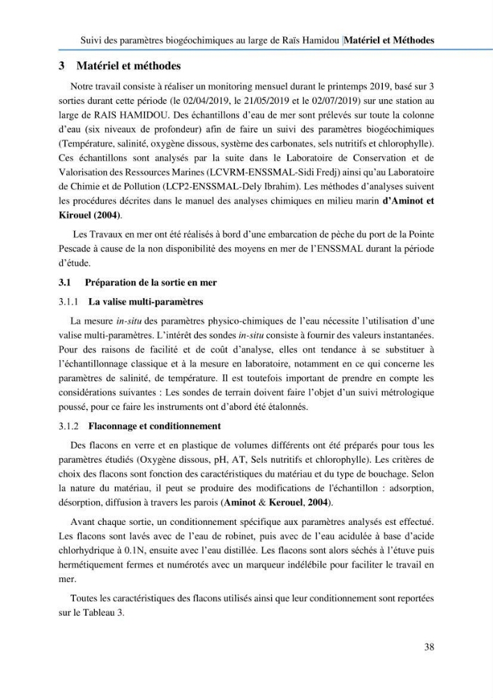 Suivi des paramètres biogéochimiques au large de Rais Hamidou entre Avril et juillet 2019