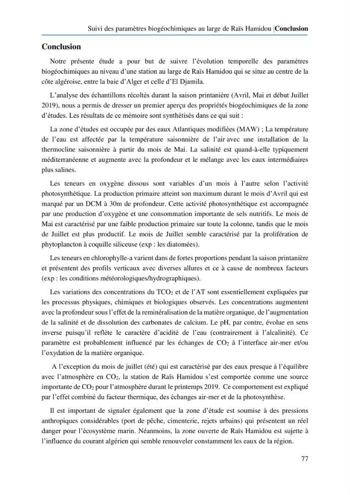 Suivi des paramètres biogéochimiques au large de Rais Hamidou entre Avril et juillet 2019