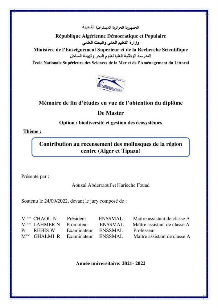 Contribution au recensement des mollusques de la région centre (Alger et Tipaza)