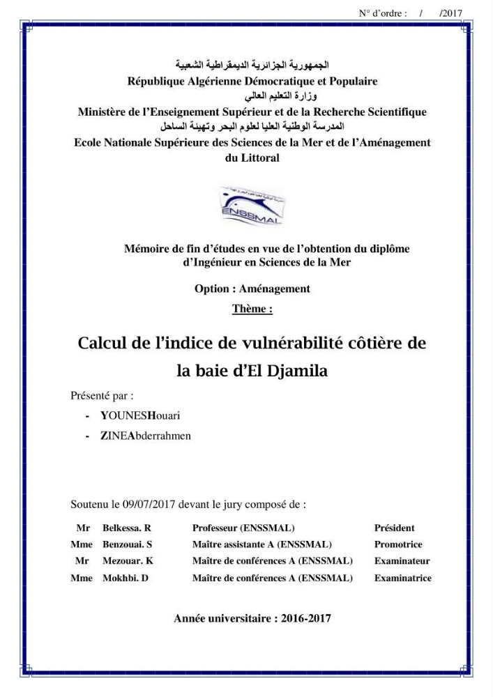 Calcul de l\'indice de vulnérabilité côtière de la baie d\'El Djamila