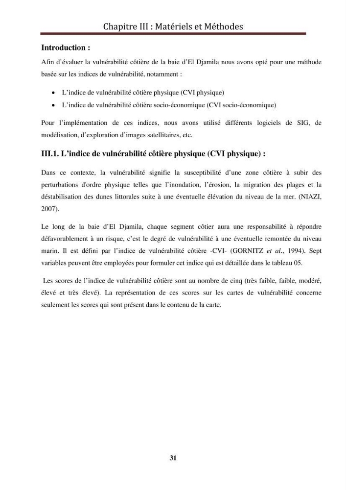 Calcul de l\'indice de vulnérabilité côtière de la baie d\'El Djamila