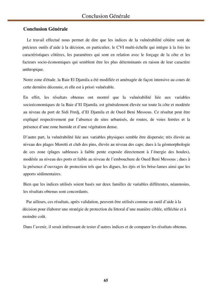 Calcul de l\'indice de vulnérabilité côtière de la baie d\'El Djamila