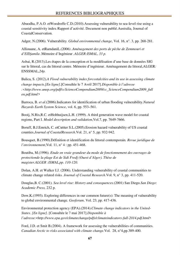 Calcul de l\'indice de vulnérabilité côtière de la baie d\'El Djamila