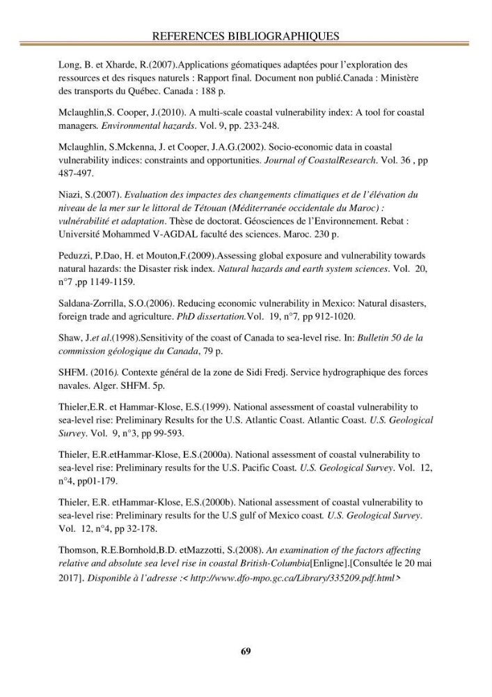 Calcul de l\'indice de vulnérabilité côtière de la baie d\'El Djamila
