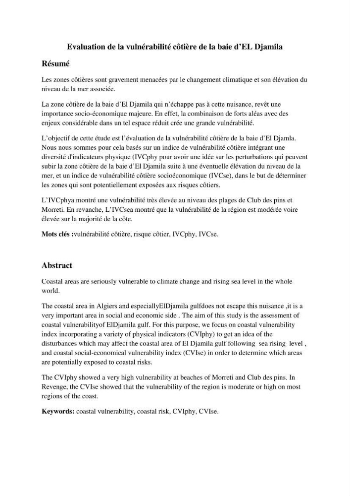 Calcul de l\'indice de vulnérabilité côtière de la baie d\'El Djamila