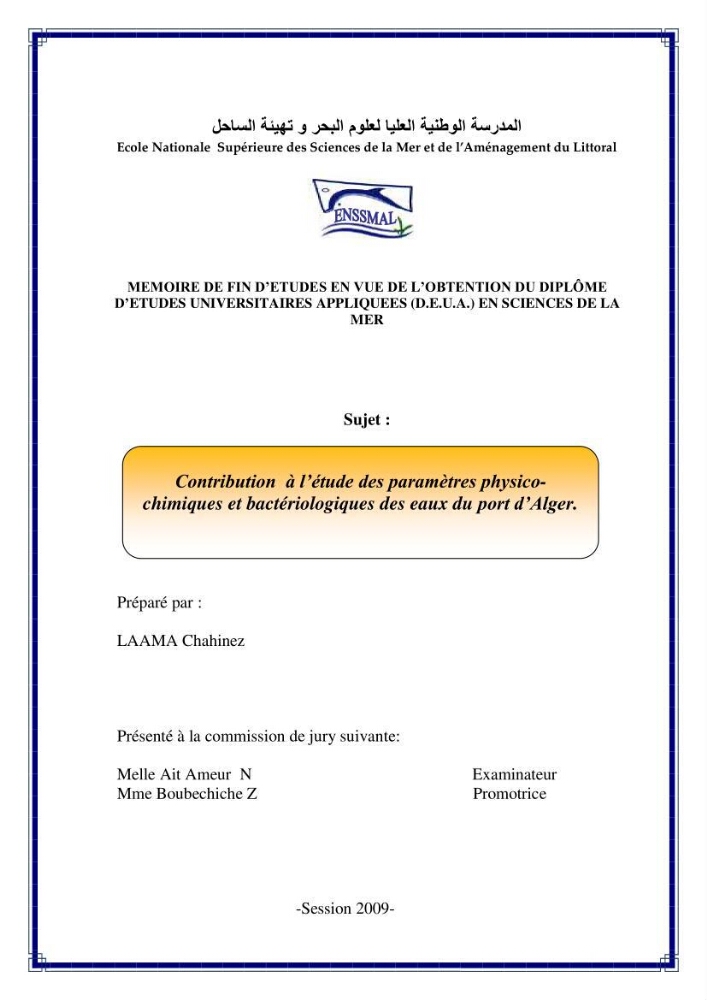 Contribution à l\'étude des paramètres physcio-chimiques et bactériologiques des eaux du port d\'Alger