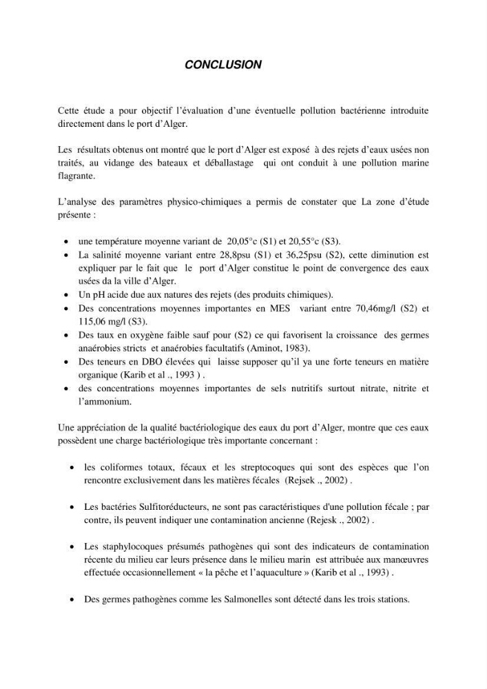 Contribution à l\'étude des paramètres physcio-chimiques et bactériologiques des eaux du port d\'Alger