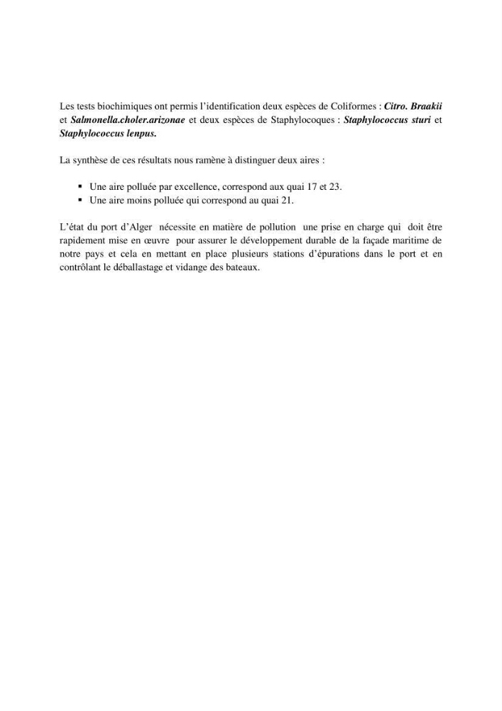 Contribution à l\'étude des paramètres physcio-chimiques et bactériologiques des eaux du port d\'Alger