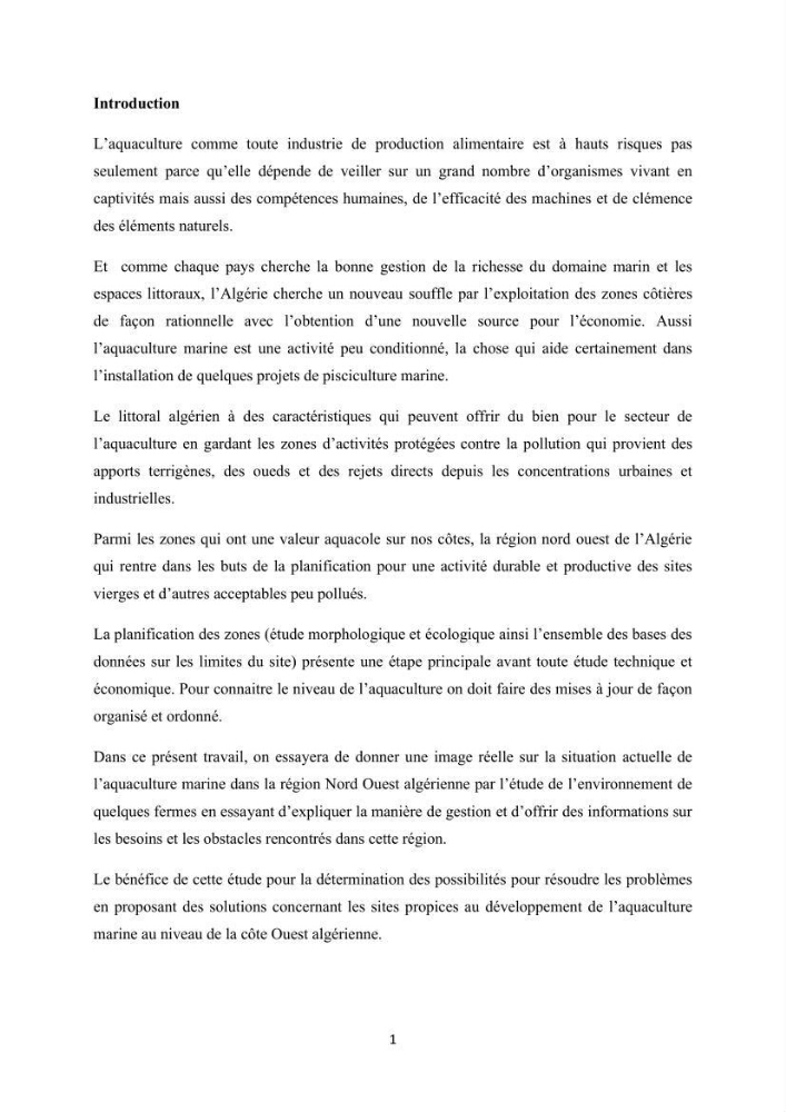 Caractérisation de l\'aquaculture marine au niveau de la côte ouest Algérienne: état actuel et perspectives de développement