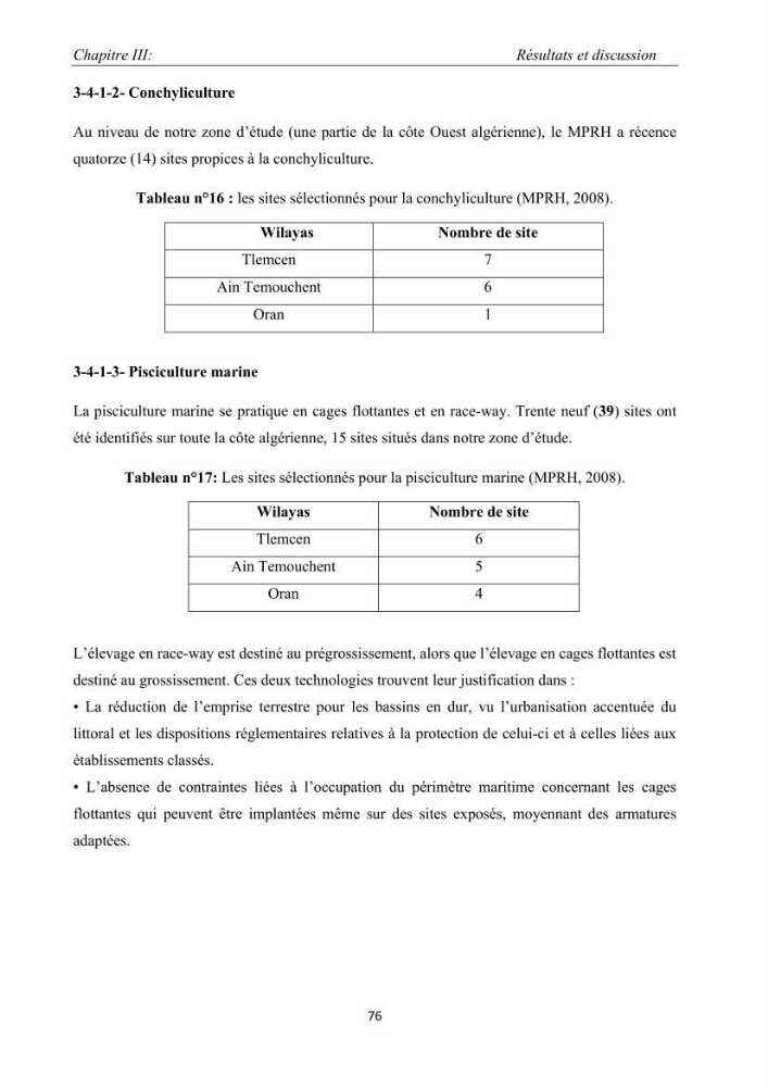 Caractérisation de l\'aquaculture marine au niveau de la côte ouest Algérienne: état actuel et perspectives de développement