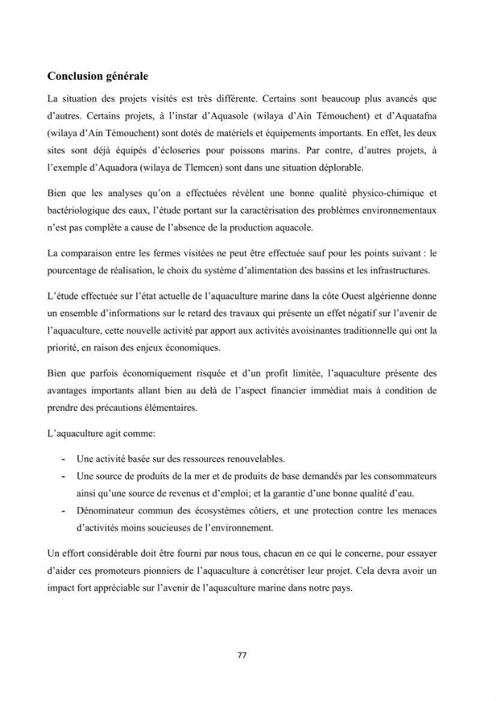 Caractérisation de l\'aquaculture marine au niveau de la côte ouest Algérienne: état actuel et perspectives de développement