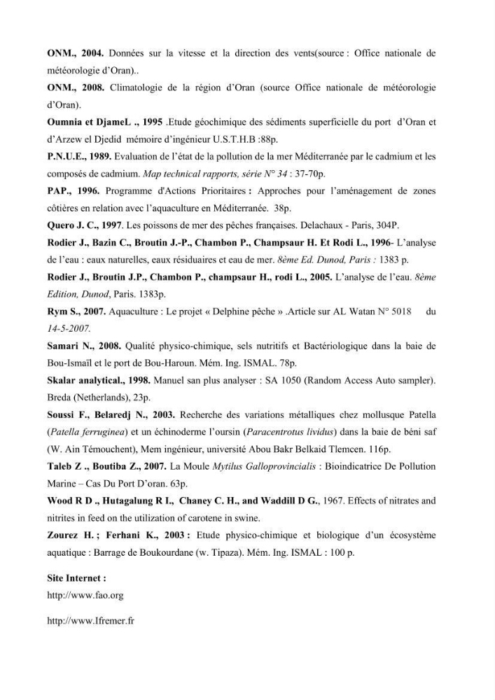Caractérisation de l\'aquaculture marine au niveau de la côte ouest Algérienne: état actuel et perspectives de développement