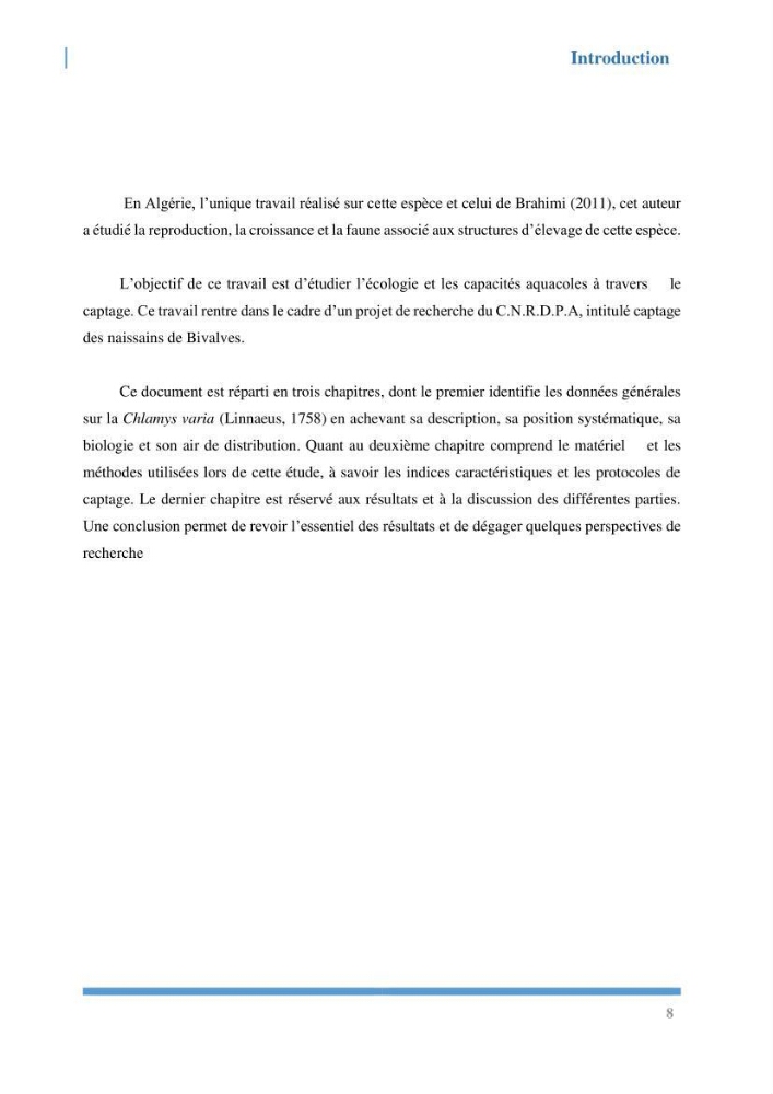 Etude de l’écologie et des Potentialités Aquacoles d’un Mollusque Bivalve Chlamys varia (Linnaeus, 1758) dans la baie de Bou Ismail
