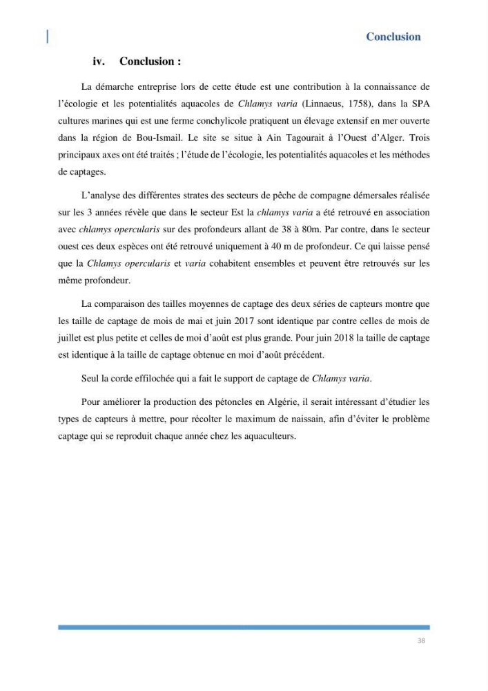 Etude de l’écologie et des Potentialités Aquacoles d’un Mollusque Bivalve Chlamys varia (Linnaeus, 1758) dans la baie de Bou Ismail