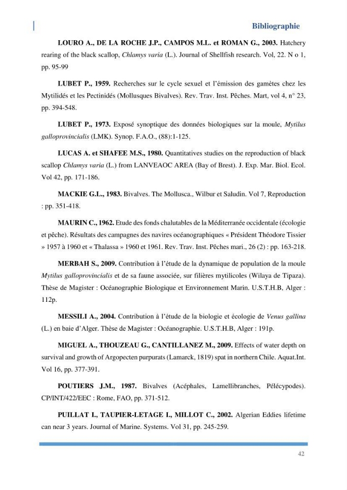 Etude de l’écologie et des Potentialités Aquacoles d’un Mollusque Bivalve Chlamys varia (Linnaeus, 1758) dans la baie de Bou Ismail