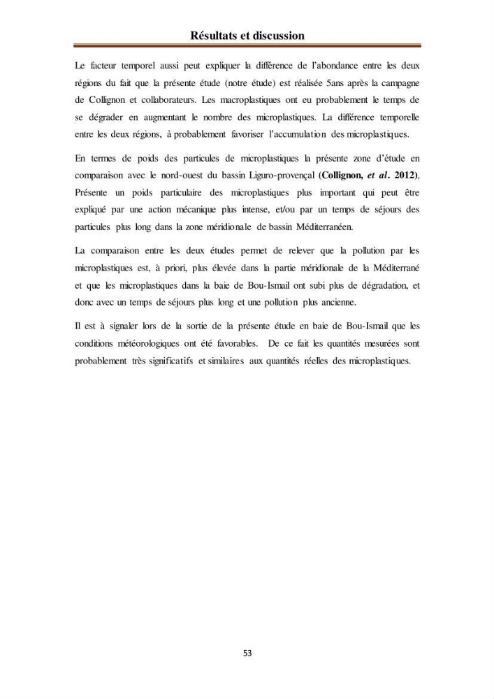 Evaluation quantitative des microplastiques dans la baie de Bou-Ismail