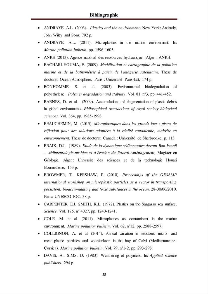 Evaluation quantitative des microplastiques dans la baie de Bou-Ismail