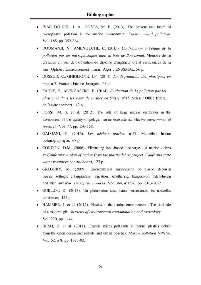 Evaluation quantitative des microplastiques dans la baie de Bou-Ismail