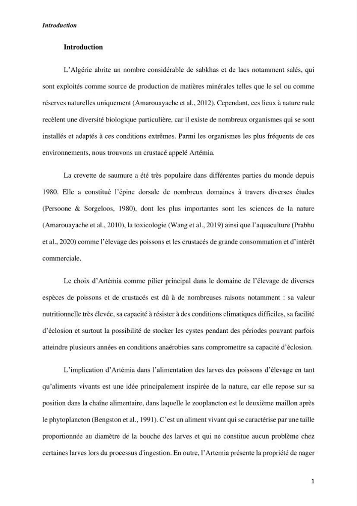 Culture des proies vivantes valorisation d\'une souche d\'artémia
