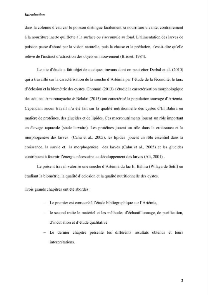 Culture des proies vivantes valorisation d\'une souche d\'artémia