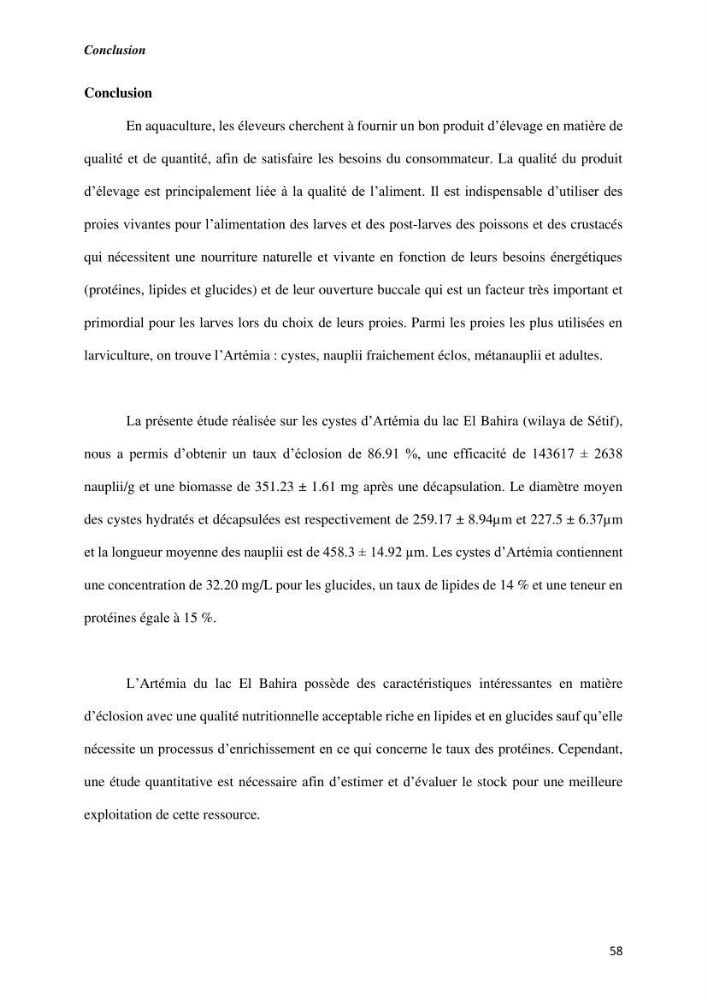 Culture des proies vivantes valorisation d\'une souche d\'artémia
