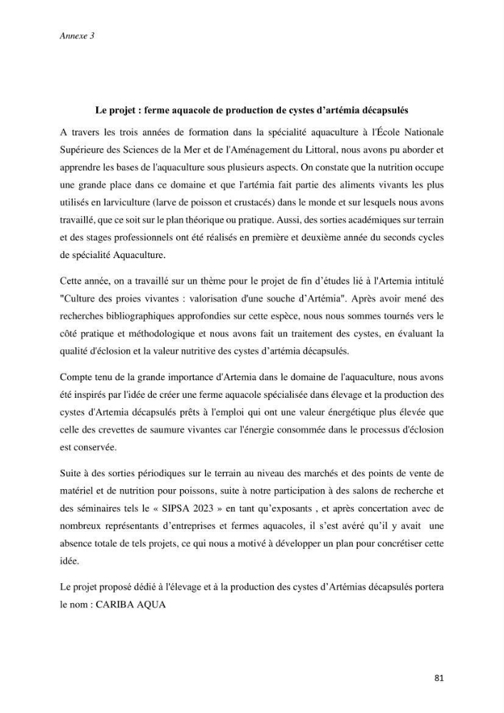 Culture des proies vivantes valorisation d\'une souche d\'artémia