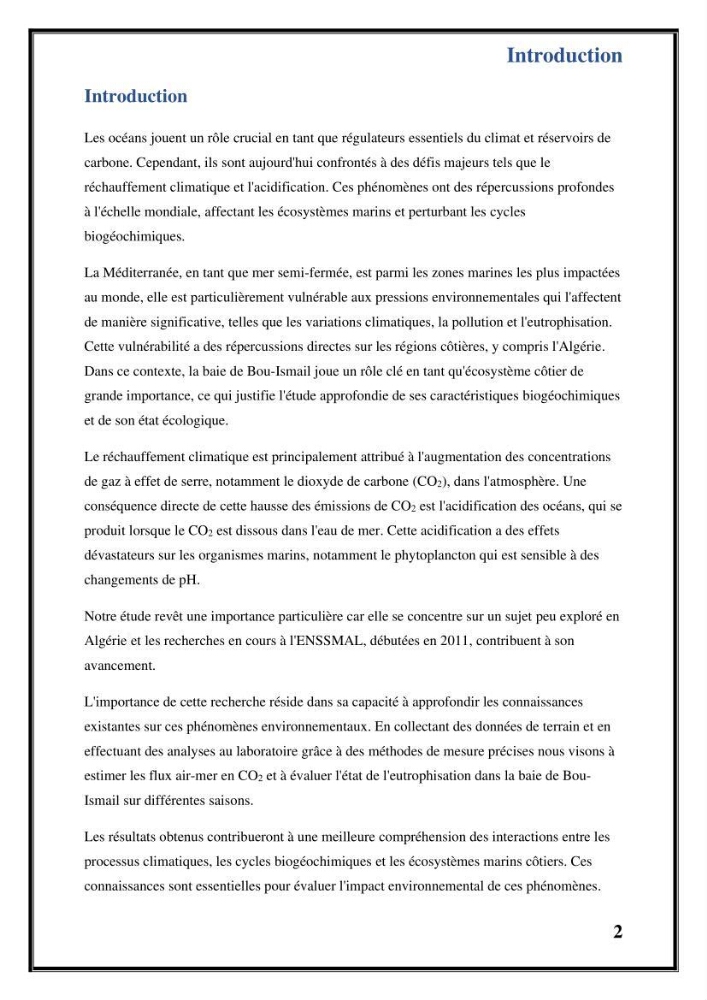 Contribution à l’étude du cycle annuel des flux air-mer en CO2 et l’évaluation de l’état de l’eutrophisation dans la baie de Bou Ismail
