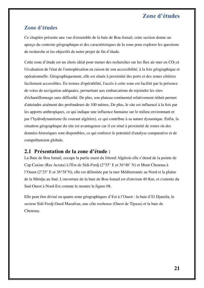Contribution à l’étude du cycle annuel des flux air-mer en CO2 et l’évaluation de l’état de l’eutrophisation dans la baie de Bou Ismail