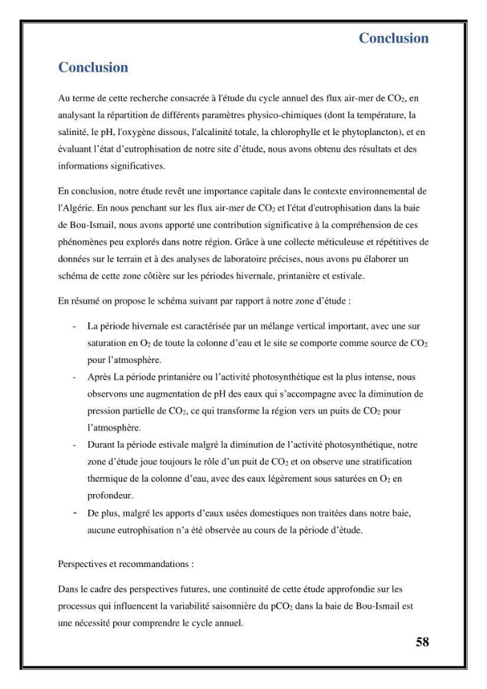 Contribution à l’étude du cycle annuel des flux air-mer en CO2 et l’évaluation de l’état de l’eutrophisation dans la baie de Bou Ismail