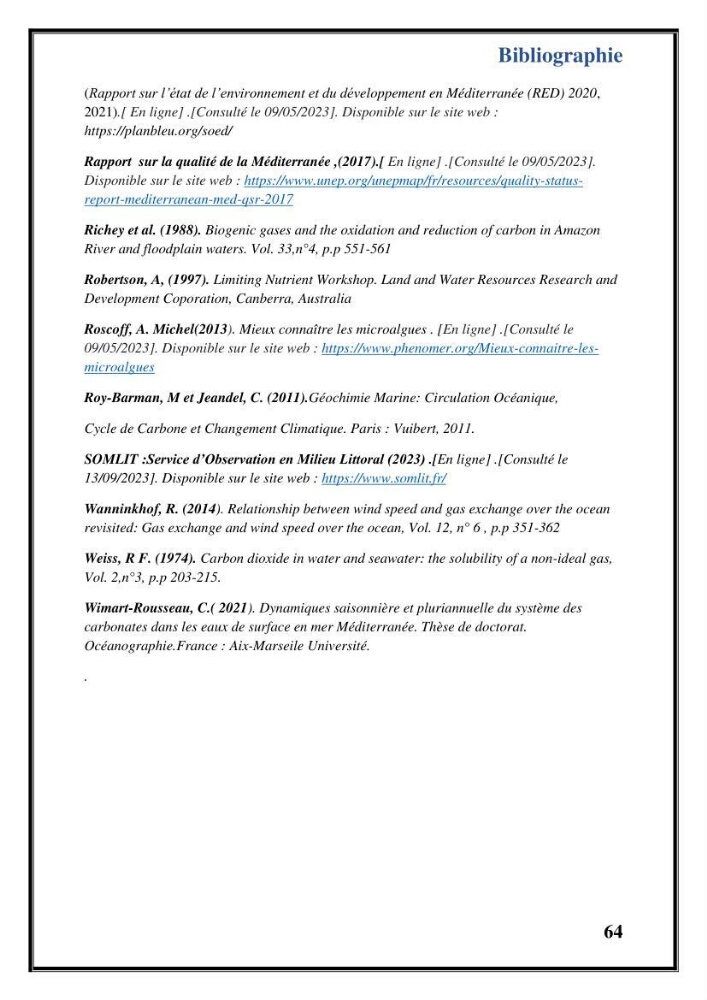 Contribution à l’étude du cycle annuel des flux air-mer en CO2 et l’évaluation de l’état de l’eutrophisation dans la baie de Bou Ismail