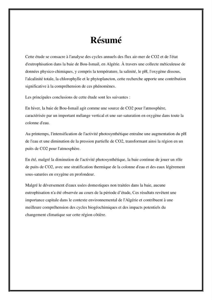 Contribution à l’étude du cycle annuel des flux air-mer en CO2 et l’évaluation de l’état de l’eutrophisation dans la baie de Bou Ismail