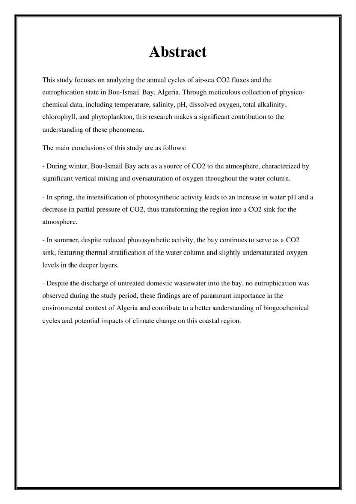 Contribution à l’étude du cycle annuel des flux air-mer en CO2 et l’évaluation de l’état de l’eutrophisation dans la baie de Bou Ismail