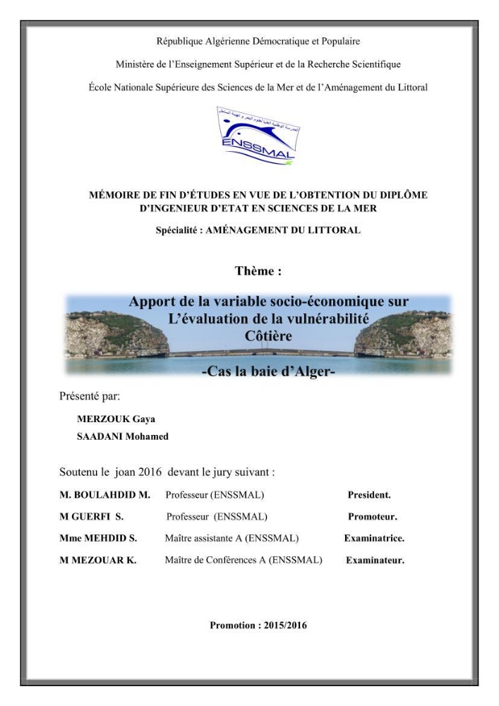 Apport de la variable socio-économique sur l\'évaluation de la vullnérabilité côtière: cas la baie d\'Alger